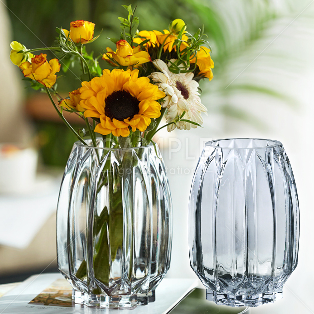 ガラス花瓶 クリア 透明 フラワーベース オシャレ花器 北欧 レトロ調 カットデザイン